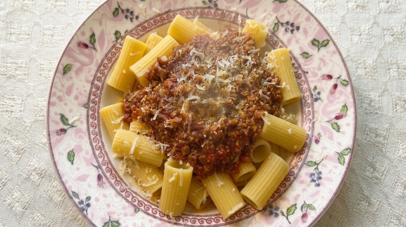 Ein herrlicher Teller Rigatoni mit reichlich langsam geschmorter Bolognese-Sauce und frischem Parmesan.