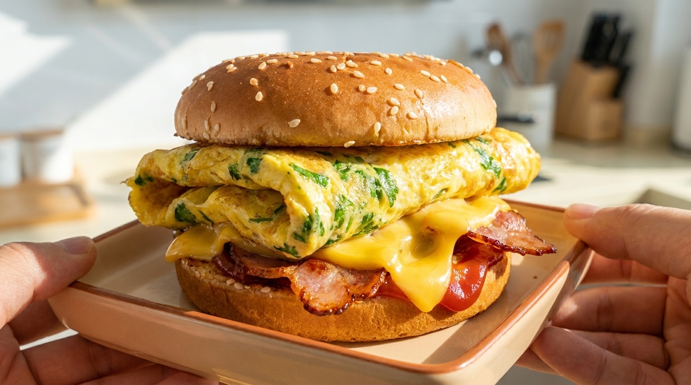 Gesunder 10-Minuten-Frühstücksburger mit Kräuter-Omelett & Speck