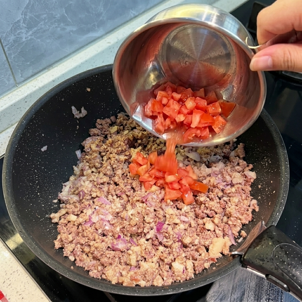 Frisch gewürfelte Tomaten werden aus einer Metallschüssel zu dem angebräunten Fleisch und den Zwiebeln in die Pfanne gegeben.