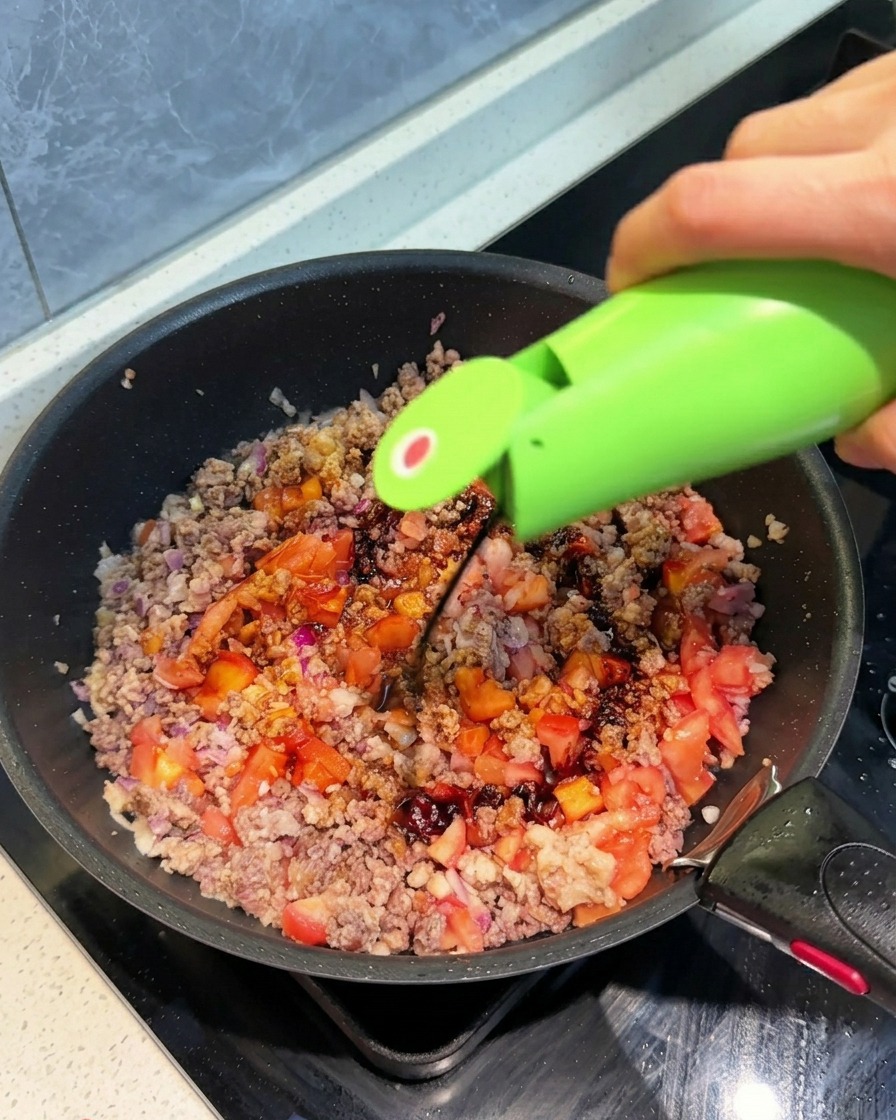 Dunkle Sojasauce wird aus einer grünen Flasche über das Hackfleisch und die Tomaten in der Pfanne gegossen.