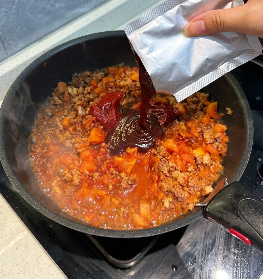 Eine dunkle Tomatensuppen-Basis wird aus einem Folienbeutel in die Pfanne mit der Fleischsauce gedrückt.