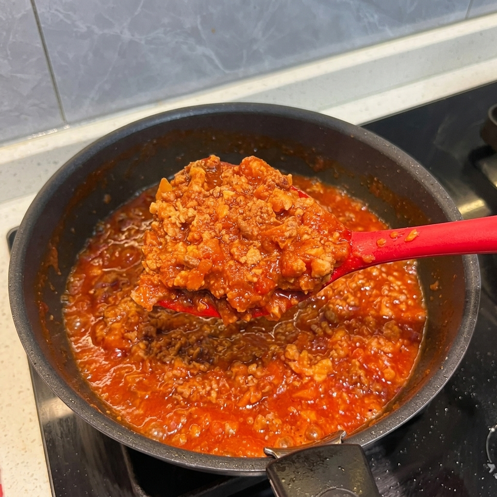 Ein roter Pfannenwender hebt eine großzügige Portion dicke, rote Fleischsauce aus einer köchelnden Pfanne.