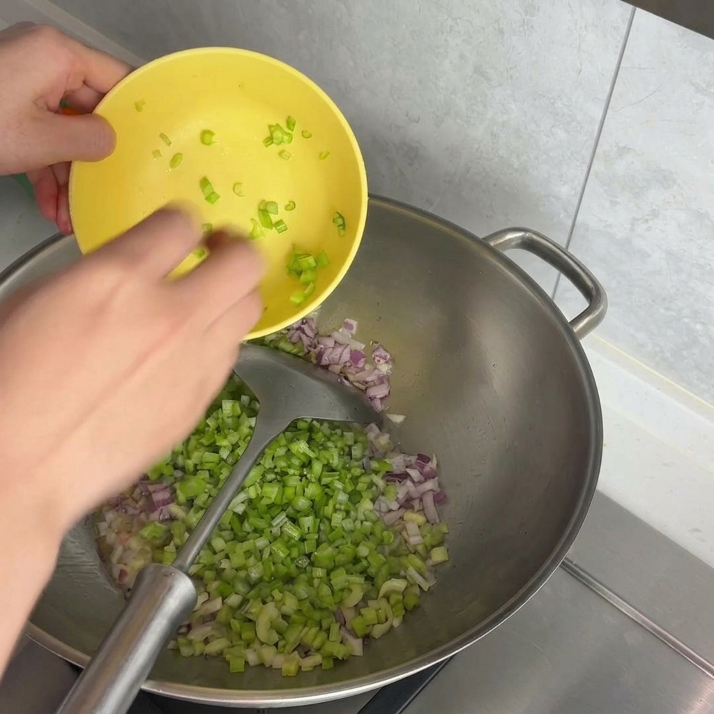 Sellerie- und Zwiebelwürfel werden in einen Wok geschüttet.