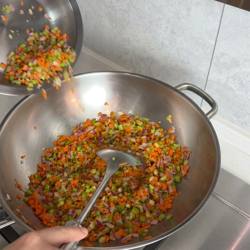 Gewürfelte Karotten und Sellerie werden zu den Zwiebeln in den Wok gegeben.