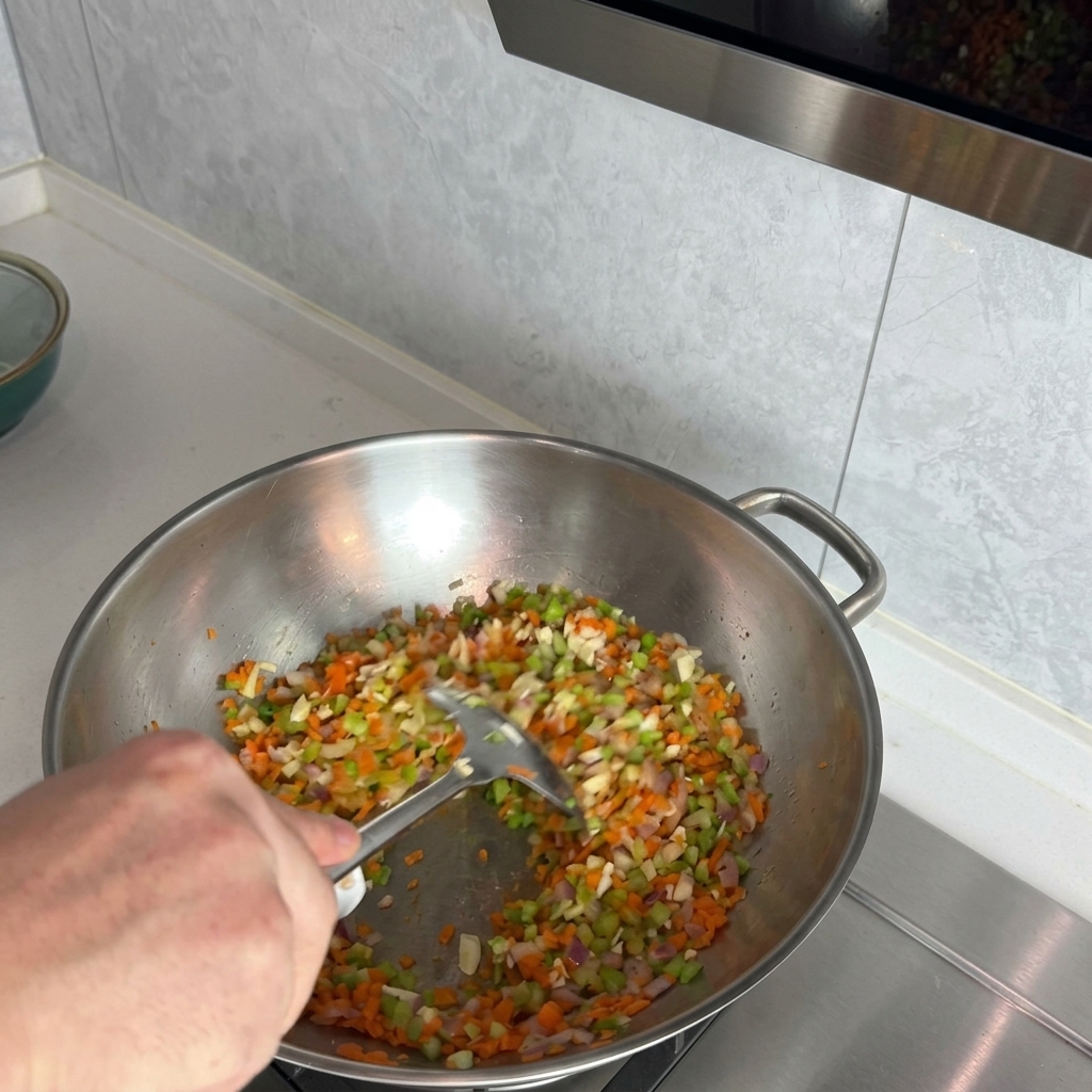 Ein Pfannenwender rührt die bunte Gemüsemischung aus Zwiebeln, Sellerie, Karotten und Knoblauch im Wok um.