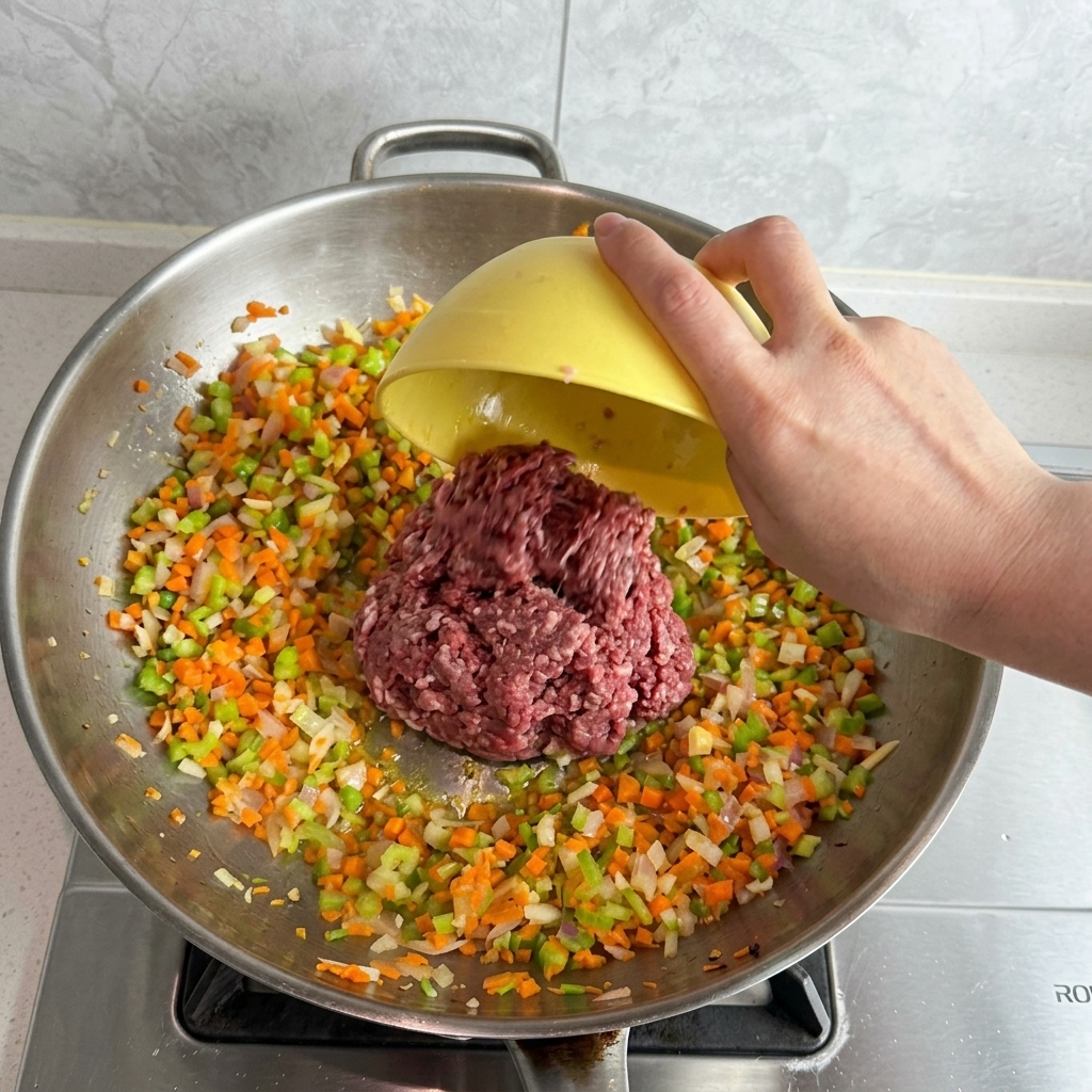 Rohes Rinderhackfleisch wird zum gedünsteten Gemüse in den Wok gegeben.