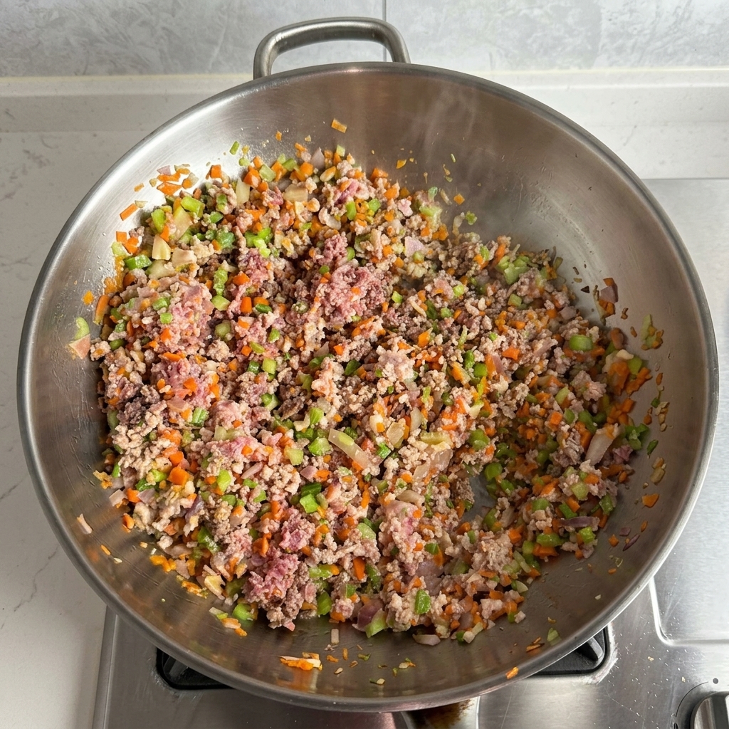 Hackfleisch und Gemüse werden gebraten, das Fleisch ist vollständig durchgebräunt.