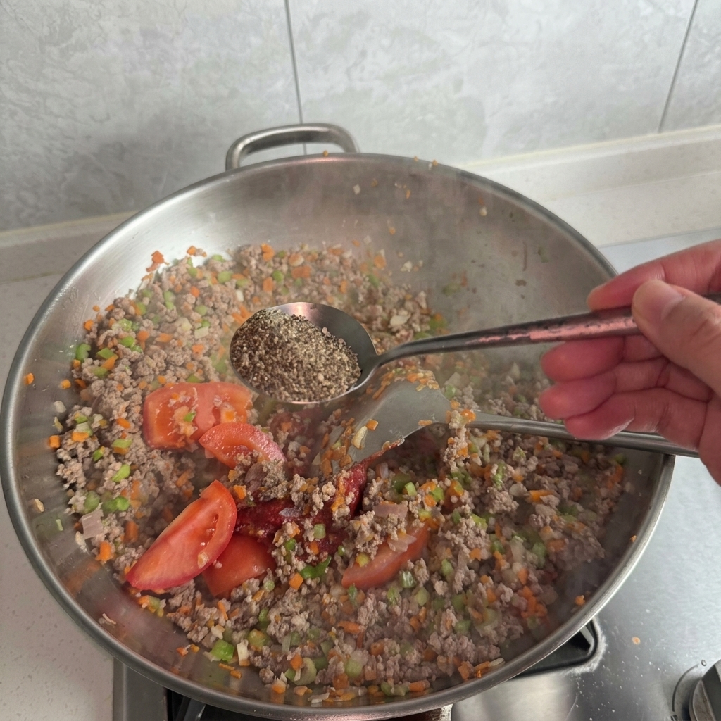 Ein Löffel mit schwarzem Pfeffer wird über den Wok gehalten.