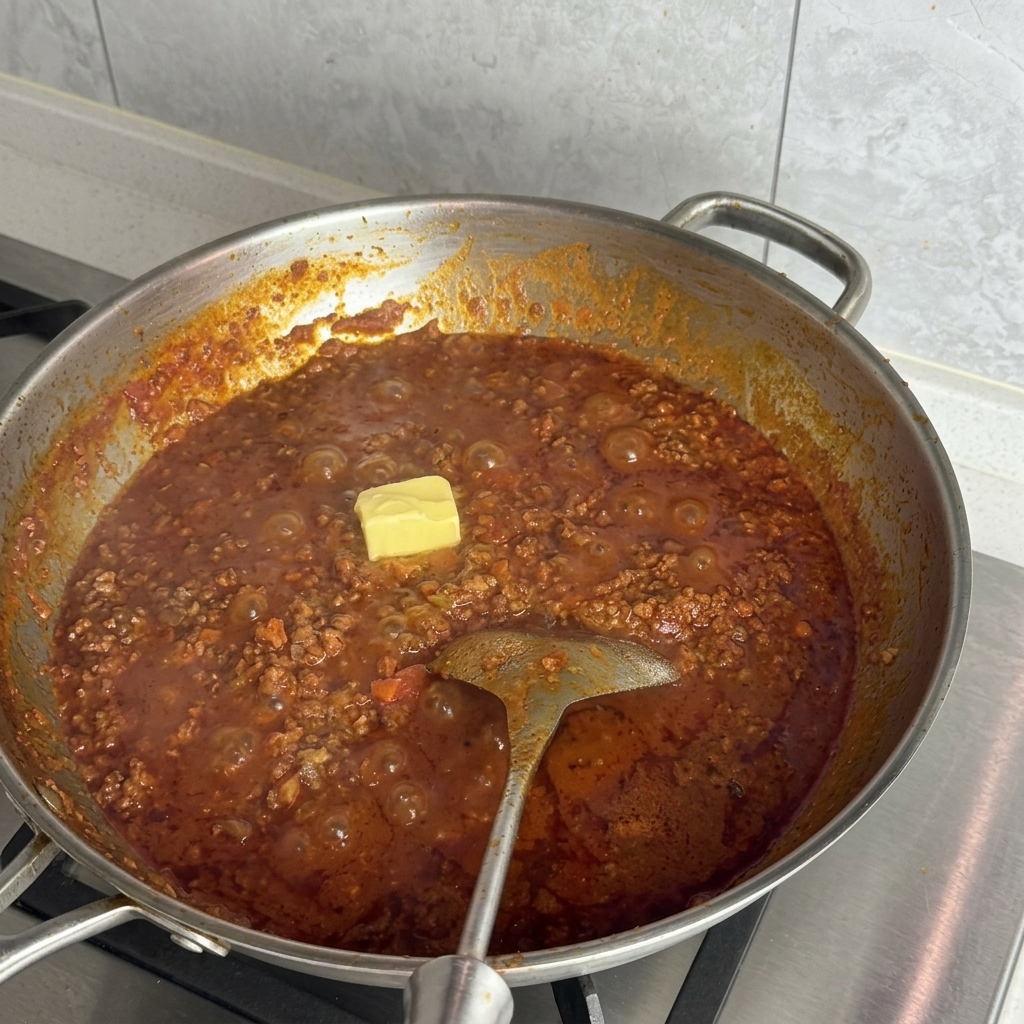 Ein Stück Butter liegt in der Mitte der blubbernden roten Bolognese.