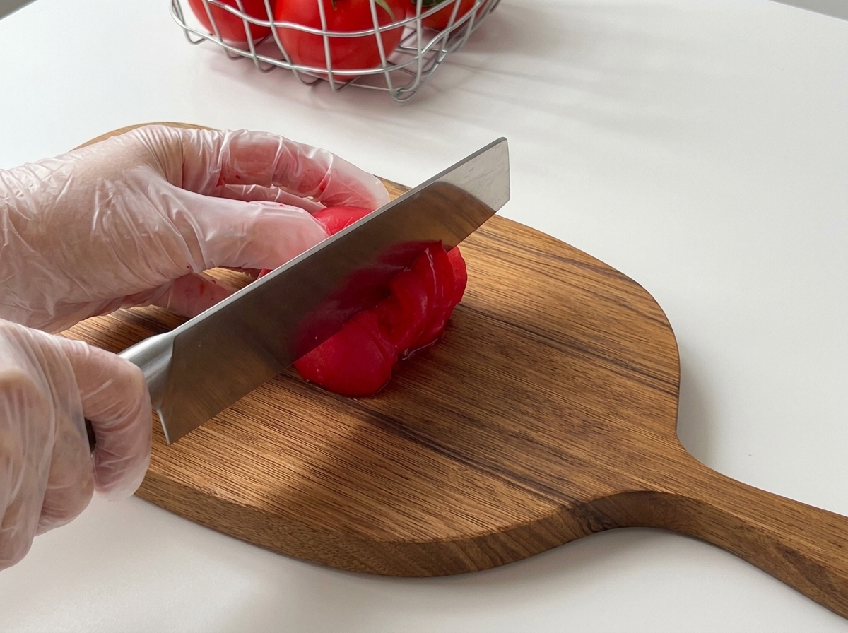 Hände mit Handschuhen würfeln eine rote Tomate mit einem Silbermesser auf einem Holzbrett.