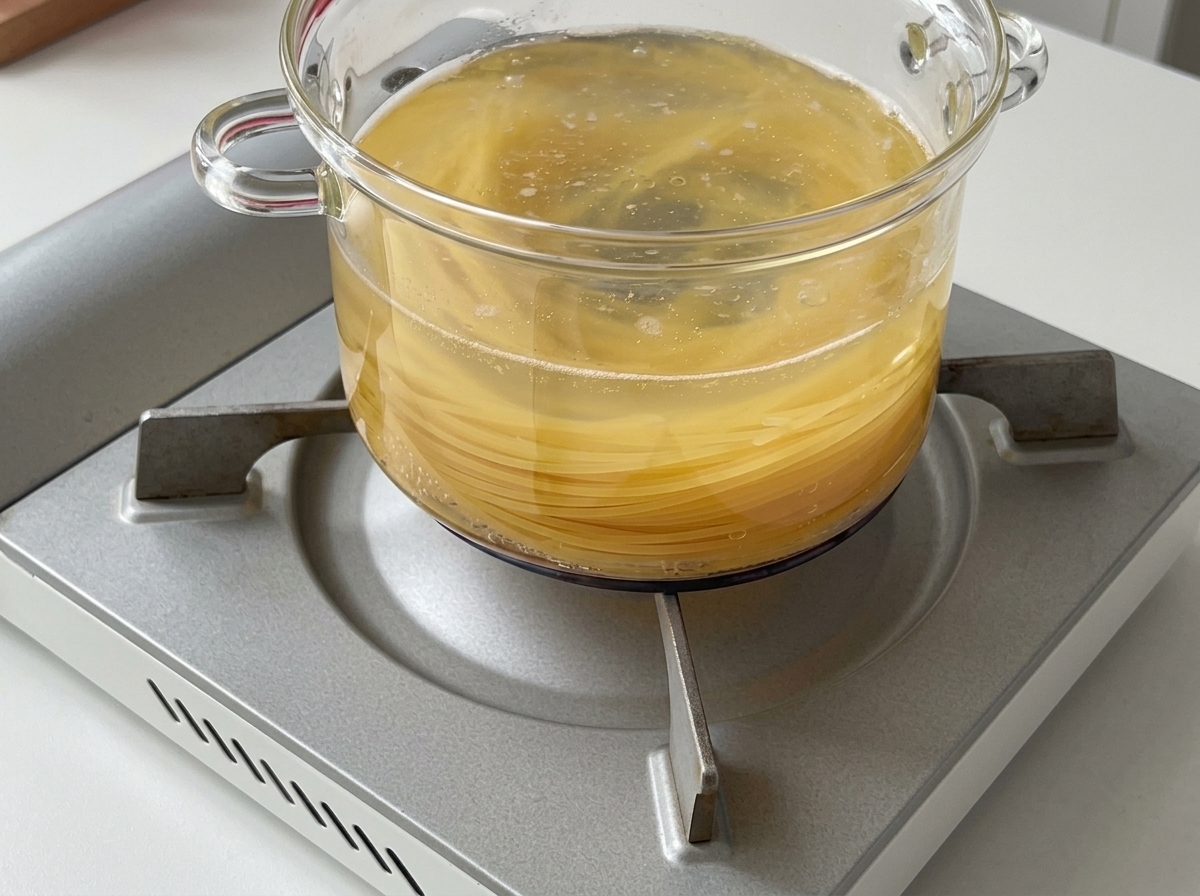 Spaghetti kochen in einem Topf mit sprudelndem Wasser auf einem Herd.