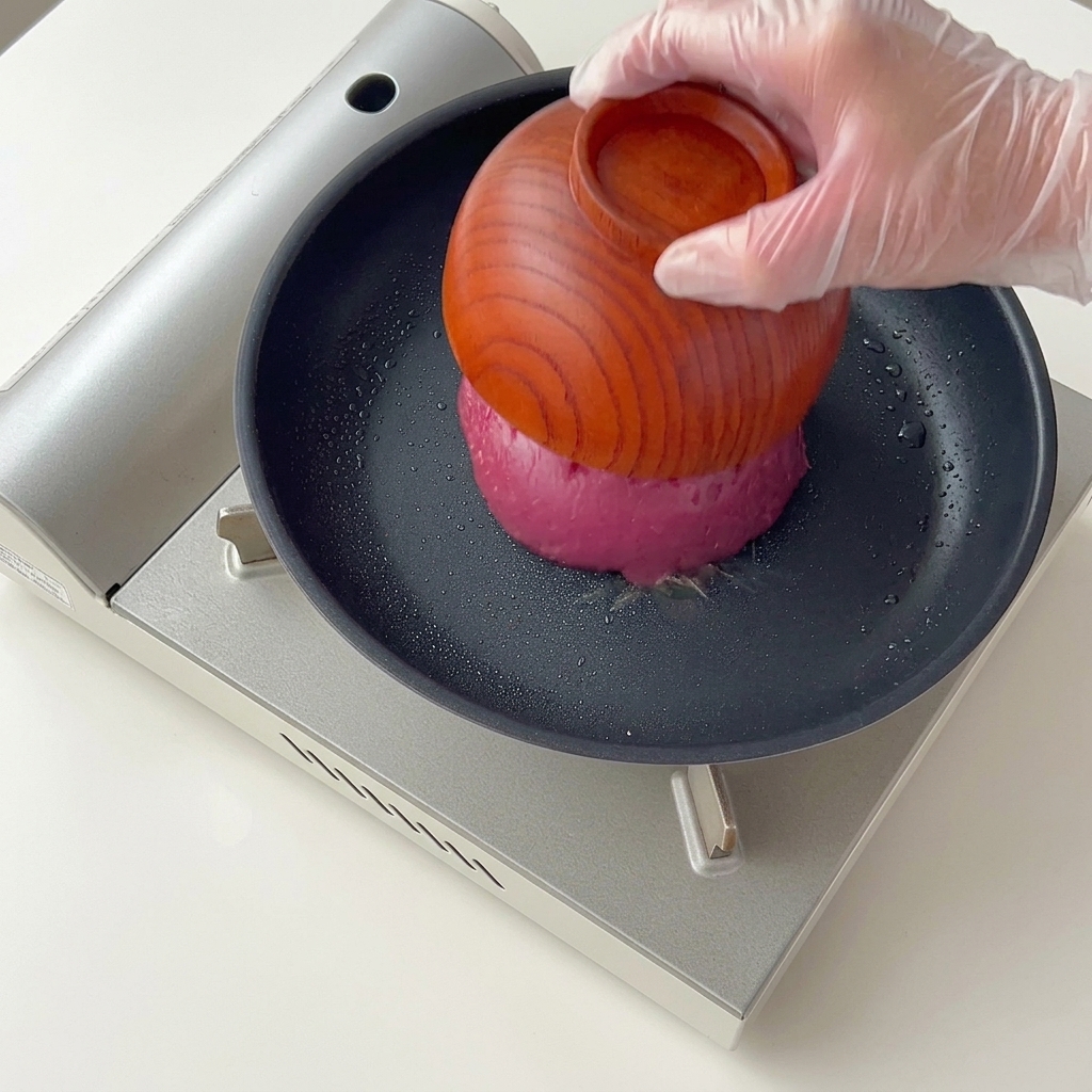 Frisches, rosa Rinderhackfleisch wird in eine heiße, beschichtete Pfanne gegeben.