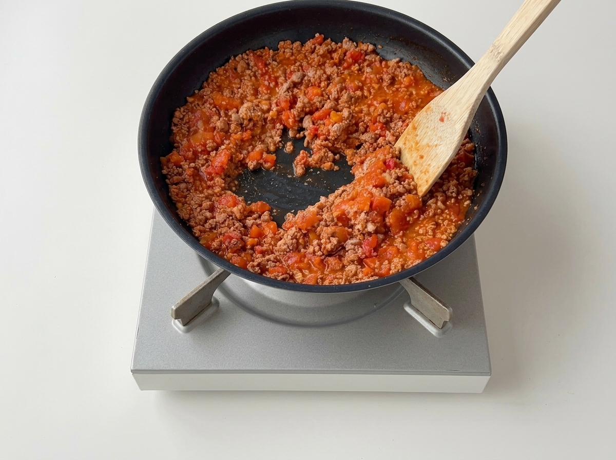 Ein Pfannenwender rührt die Mischung aus Fleisch und weich gewordenen Tomaten um.