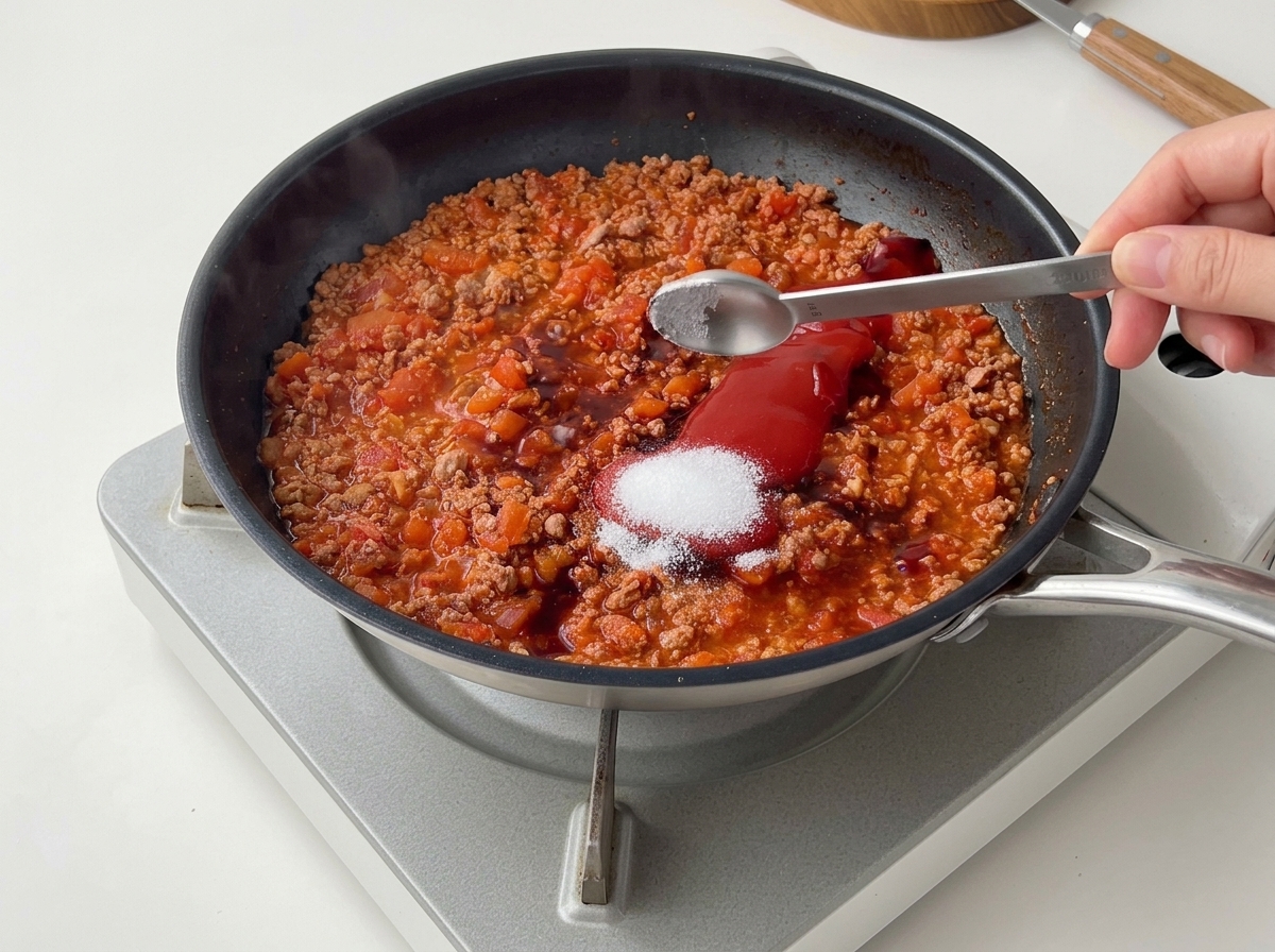 Salz und Zucker werden über die Sauce in der Pfanne gestreut.