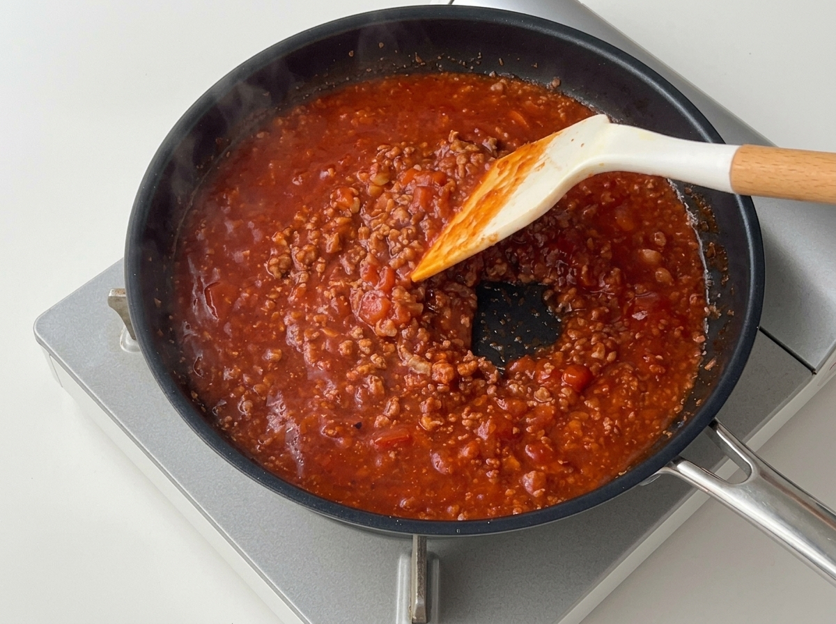 Ein weißer Silikon-Spatel rührt die dickflüssige, glänzende Tomaten-Fleisch-Sauce um.