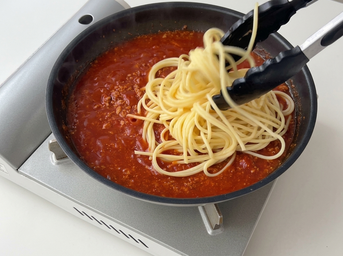 Küchenzange gibt die Spaghetti in die köchelnde Sauce.