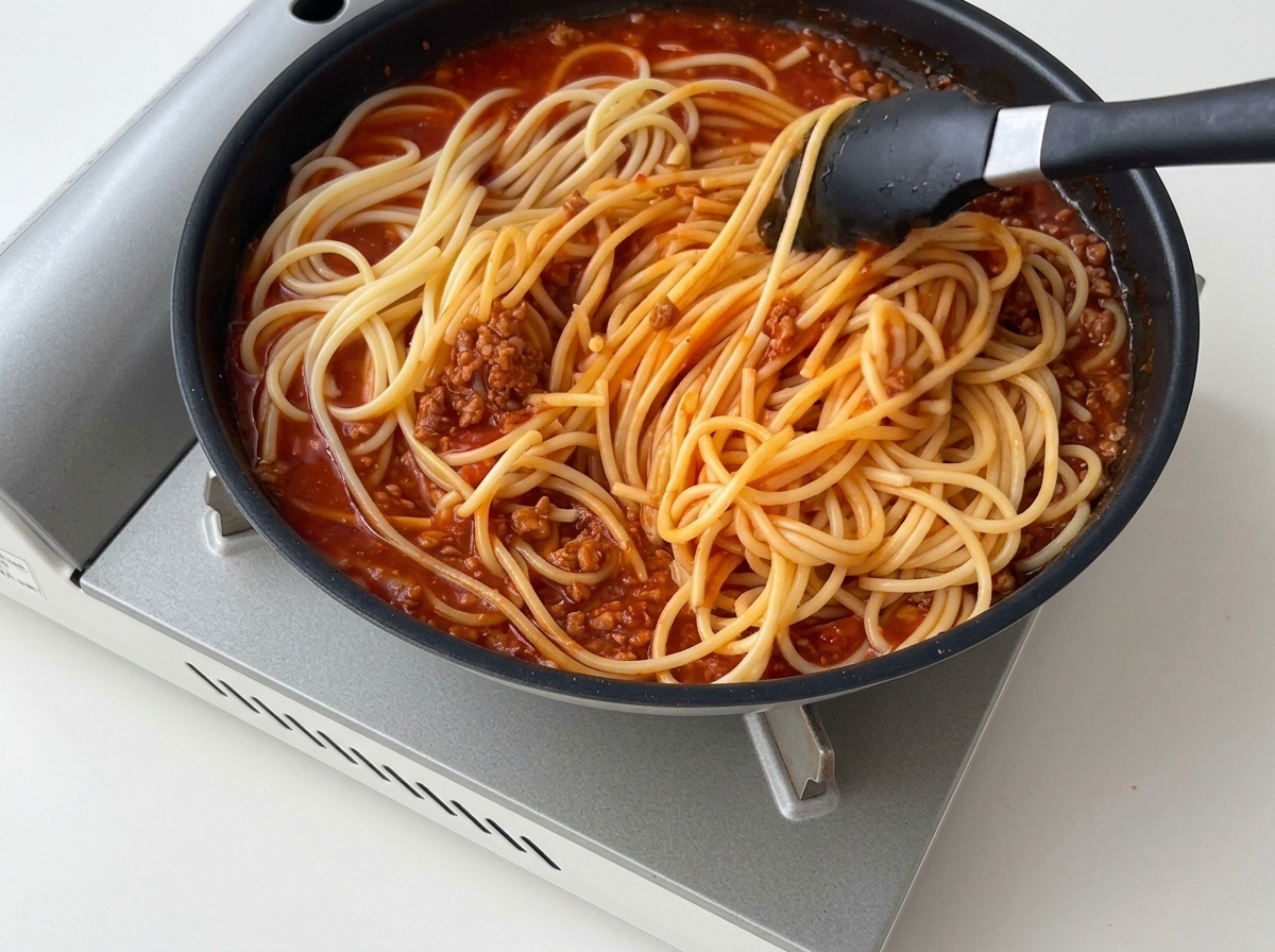 Spaghetti werden in der Pfanne gründlich mit der roten Sauce vermischt.