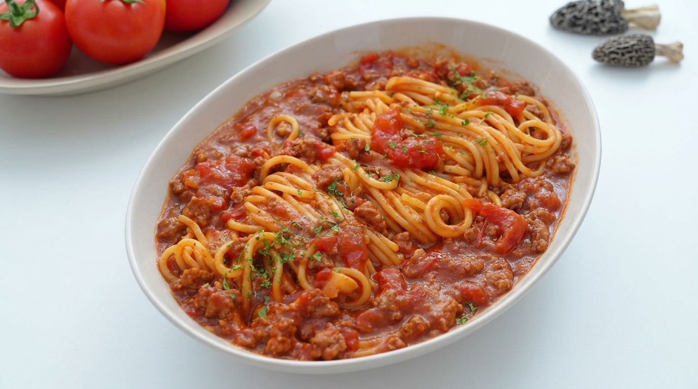 Herzhafte Spaghetti mit Tomaten-Rinderhack-Ragù und schwarzem Trüffel