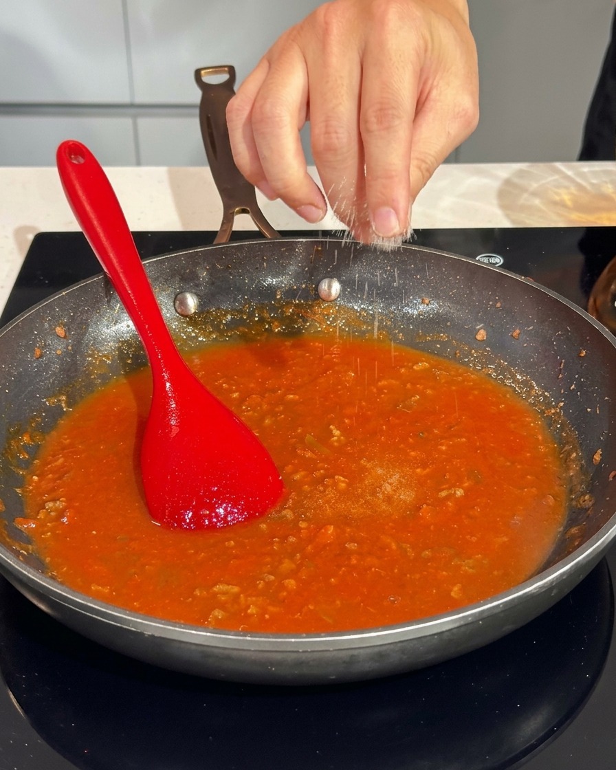 Eine Hand streut eine Prise grobes Salz in die brodelnde Pfanne mit Fleischsauce.