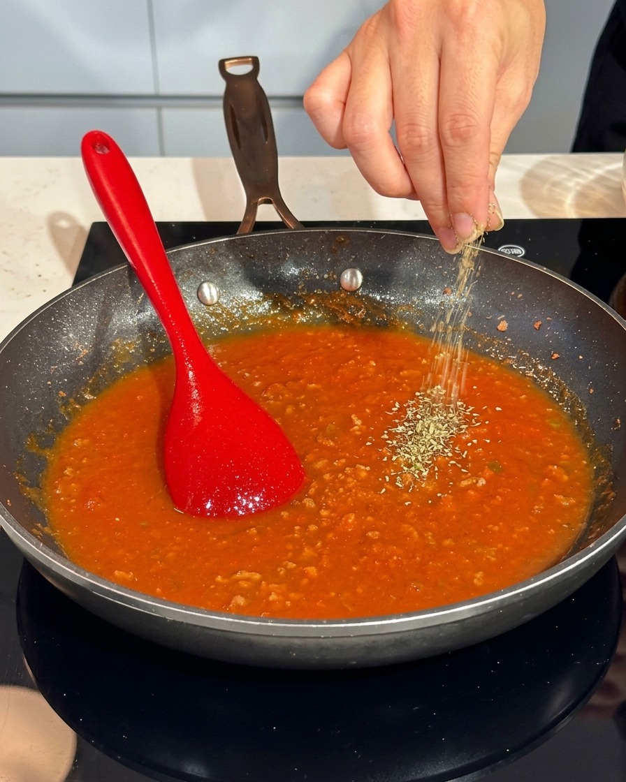 Frisch gemahlener schwarzer Pfeffer wird über die köchelnde Sauce gestreut.