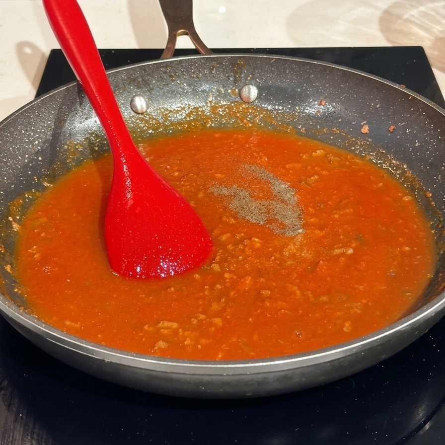 Roter Pfannenwender in der Sauce, auf der Salz, Pfeffer und Zucker gestreut wurden.