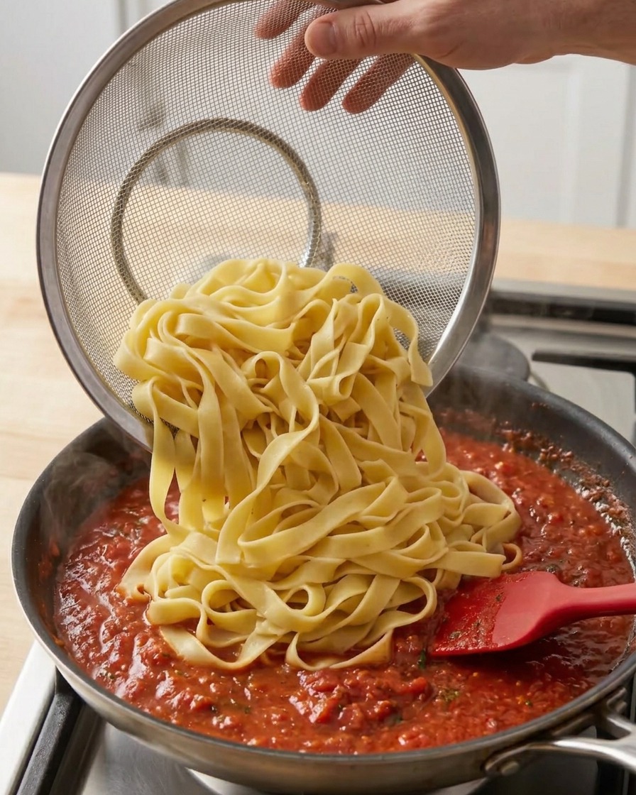 Heiß abgetropfte Pappardelle werden direkt in die Pfanne mit der Fleischsauce gegeben.