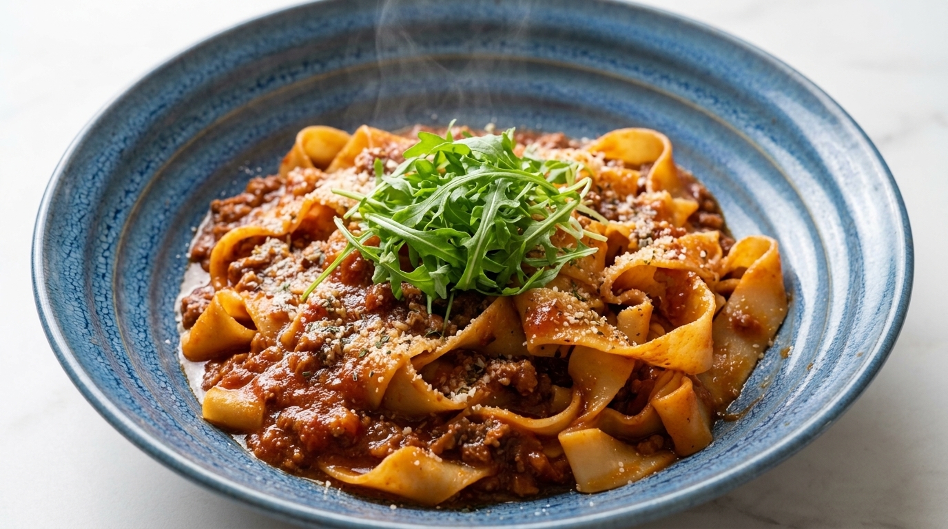 Eine dampfende Schüssel Pappardelle Bolognese, überzogen mit einer herzhaften Fleischsauce, garniert mit Parmesan und frischem Rucola.