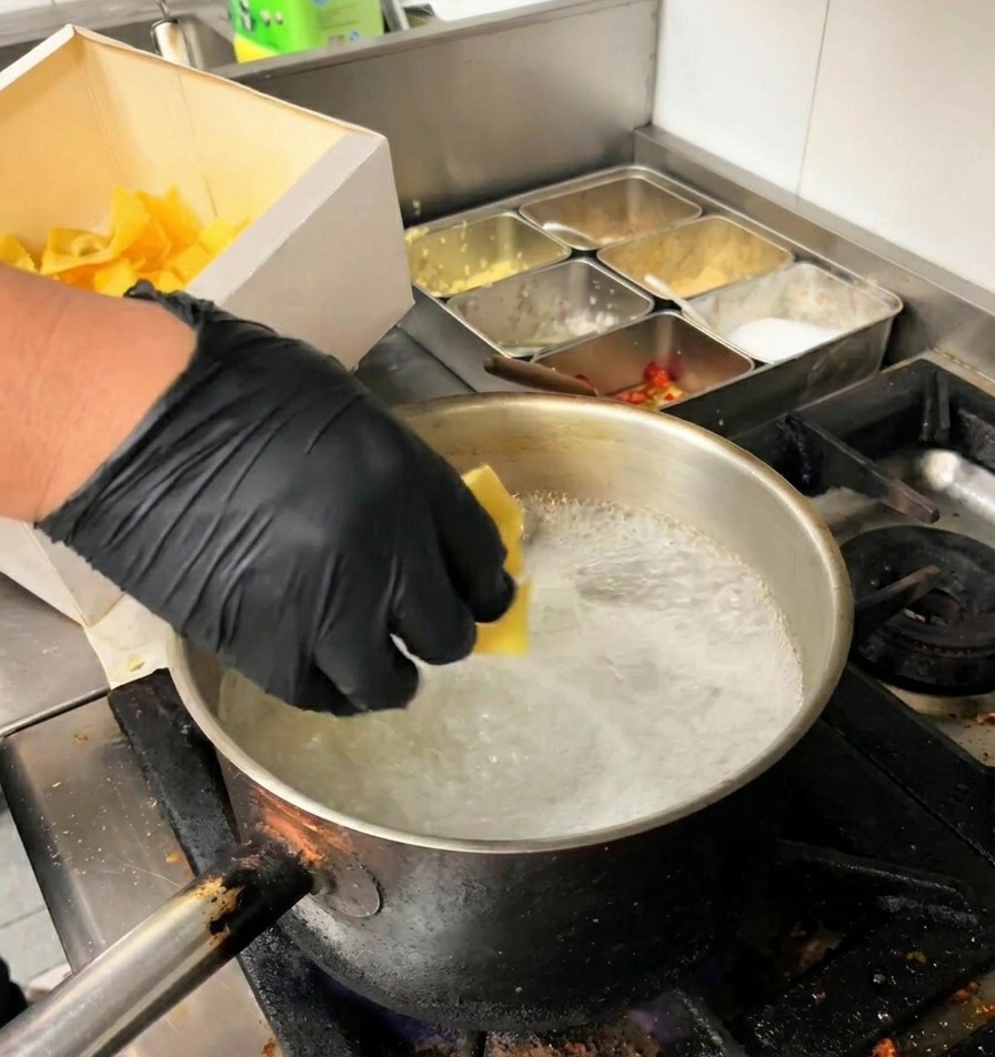 Eine Hand mit schwarzem Handschuh gibt gelbe Pappardelle in einen Topf mit kochendem Wasser.