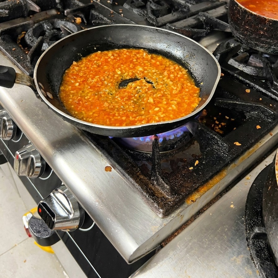 Rote Fleischsauce blubbert in einer schwarzen Pfanne auf dem Herd.