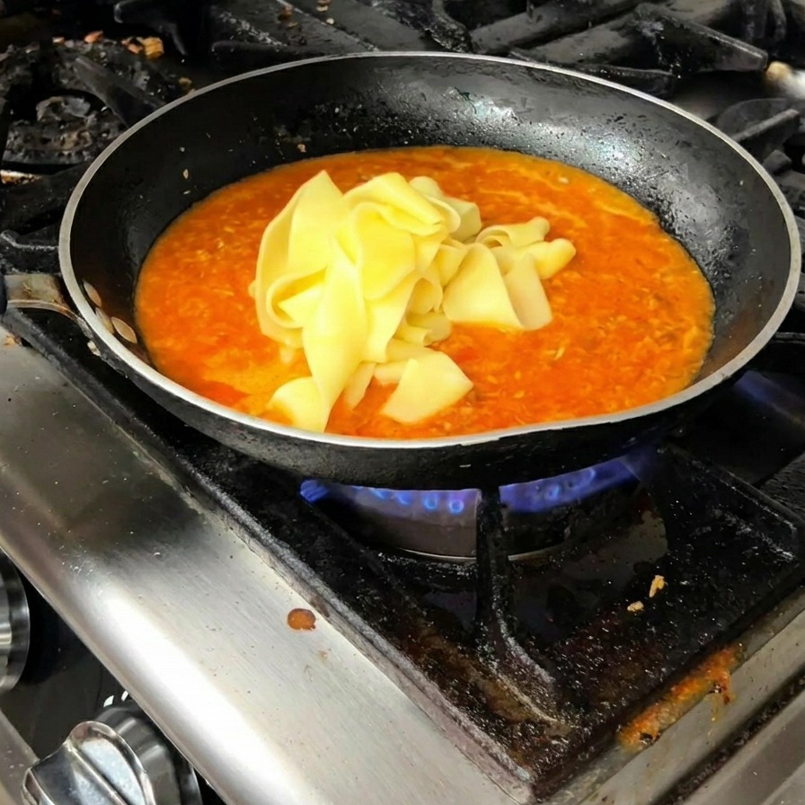 Gekochte Pappardelle-Bänder werden in die Pfanne mit der Fleischsauce gegeben.