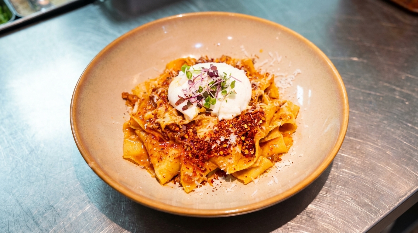 Pappardelle mit scharfer Fleischsauce, pochiertem Ei und heißem Chili-Öl