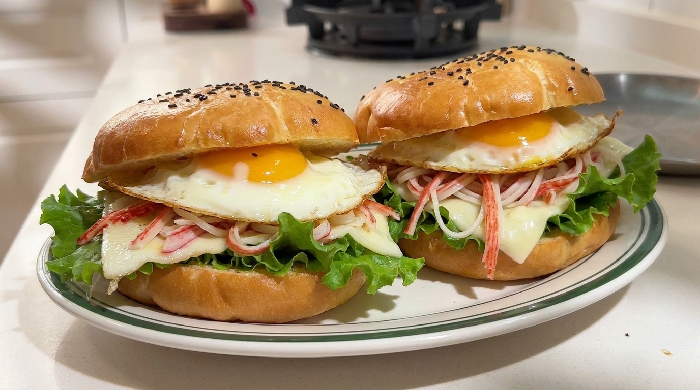Gedämpfter Frühstücks-Burger mit Käse und Surimi
