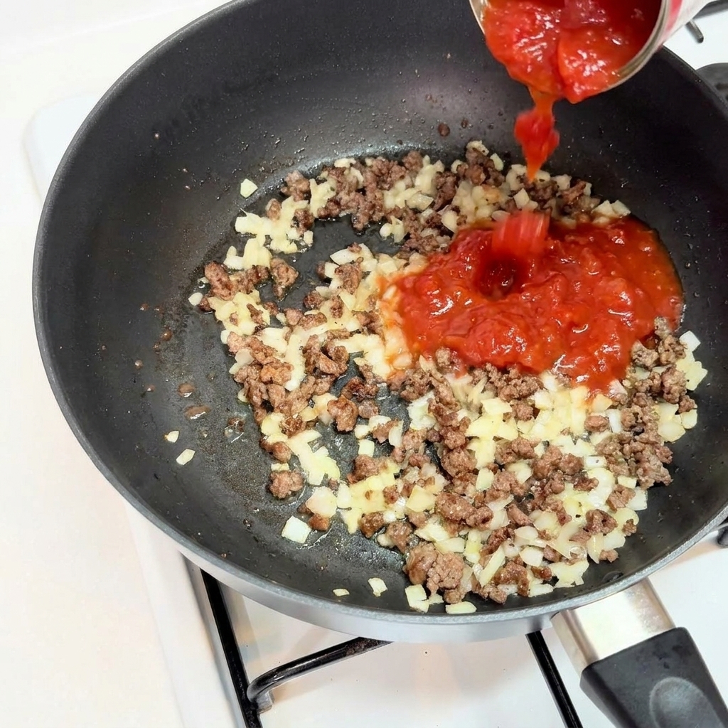 Eine Dose gestückelte Tomaten wird über gebräuntes Hackfleisch und Zwiebelwürfel in einer Pfanne gegossen.