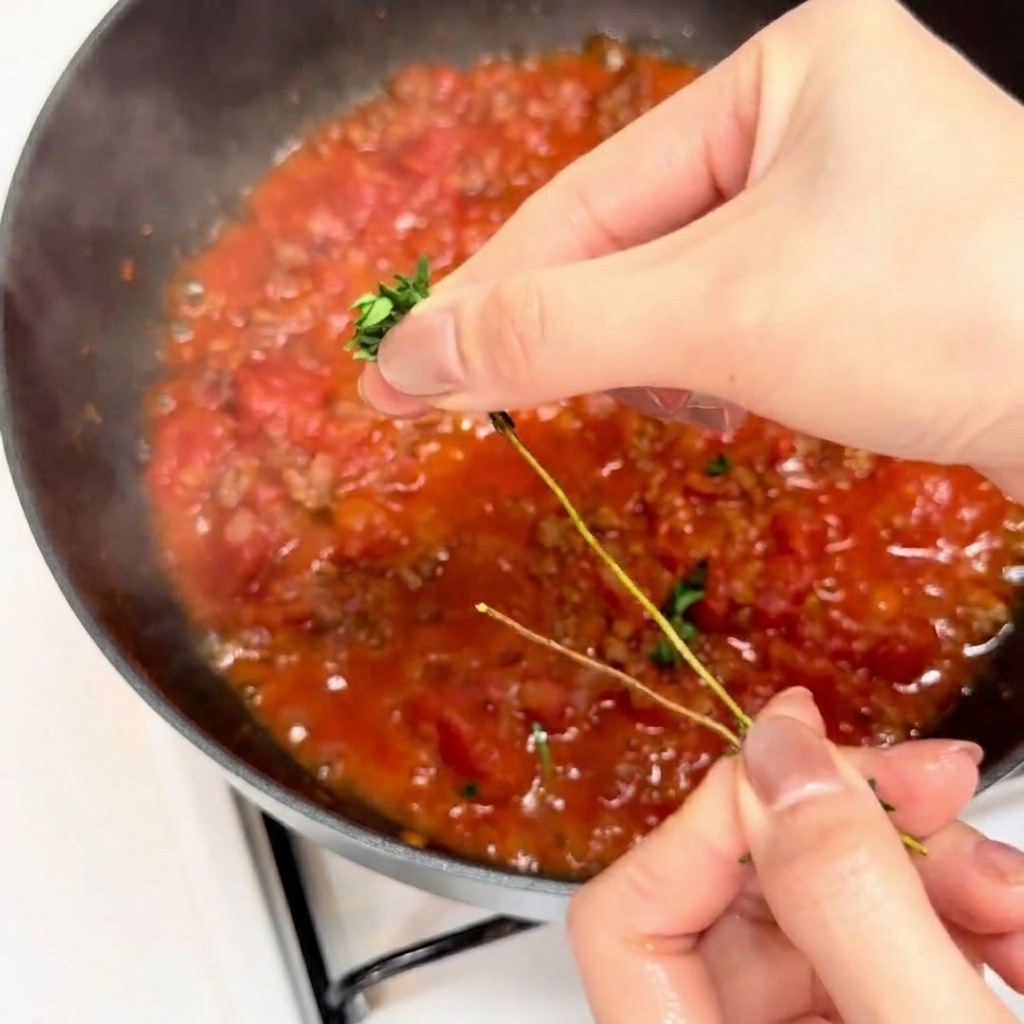 Zwei Hände lassen einen Zweig frischen Thymian in eine köchelnde Pfanne mit Tomaten-Fleischsauce fallen.