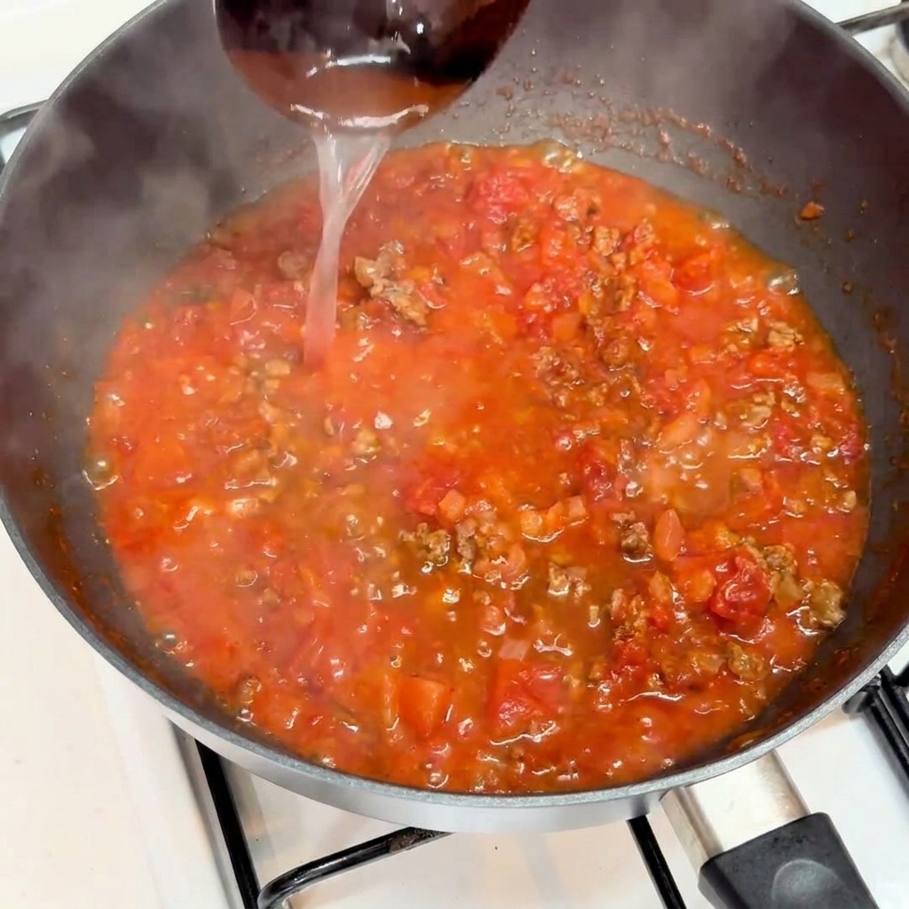 Eine Kelle heißes, stärkehaltiges Nudelwasser wird in eine Pfanne mit roter Tomaten-Fleischsauce gegossen.