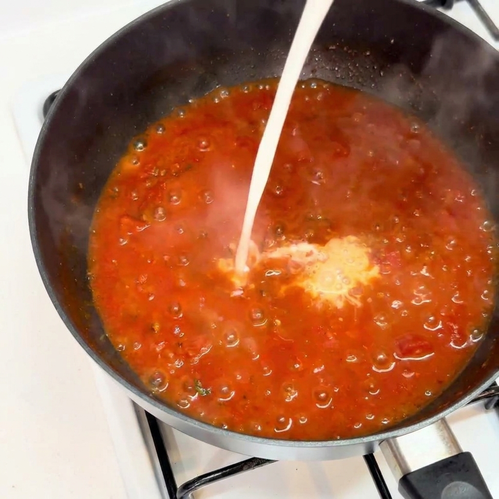 Ein Strahl weiße Milch wird in eine Pfanne mit köchelnder roter Fleischsauce gegossen.
