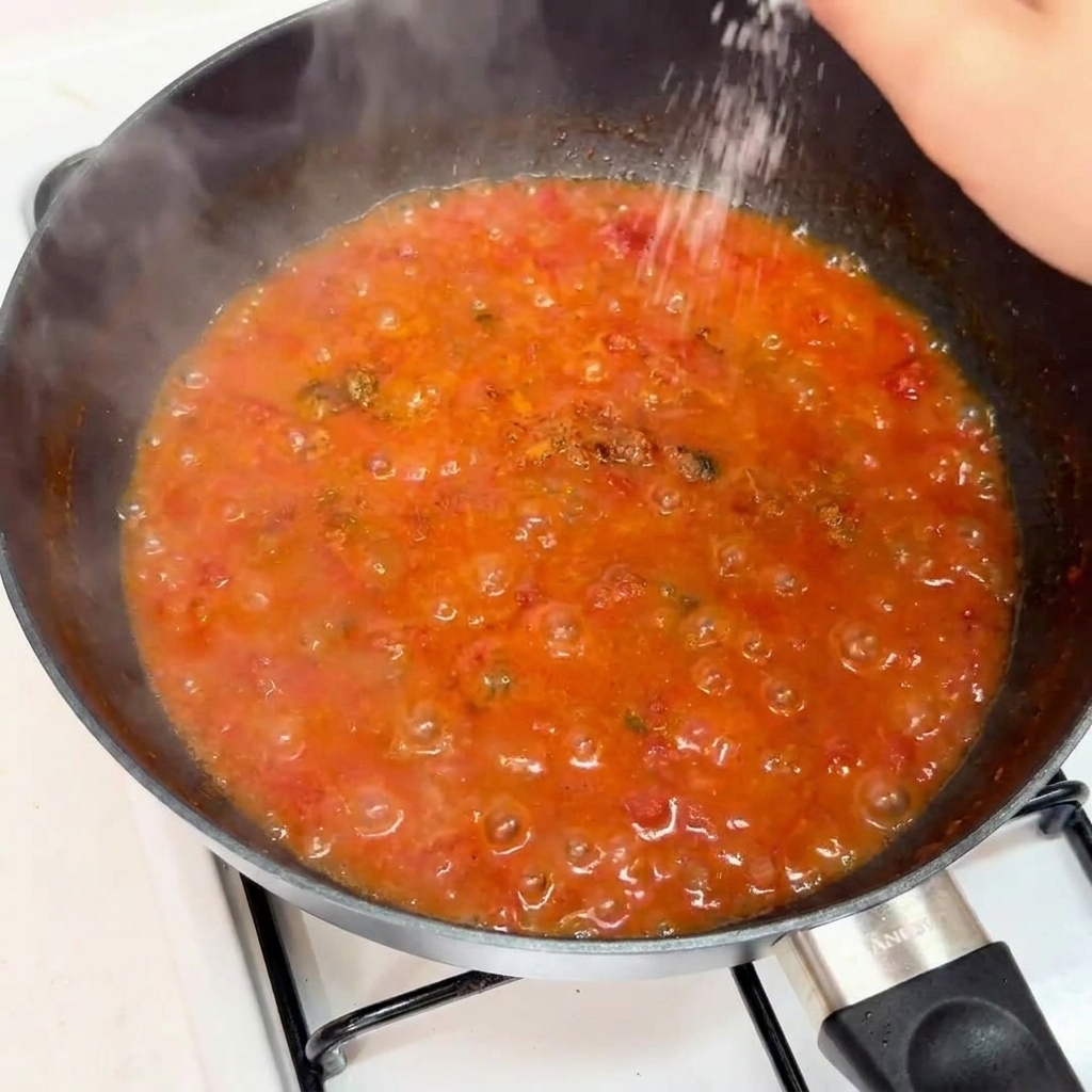 Eine Hand streut Meersalz von oben in eine Pfanne mit köchelnder Tomaten-Fleischsauce.
