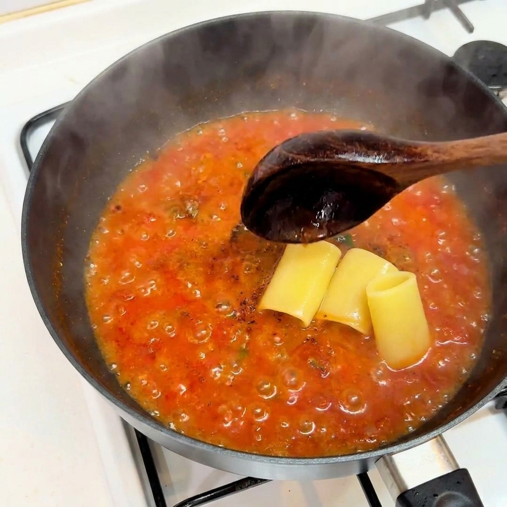 Gekochte dicke Röhrennudeln werden in eine köchelnde rote Fleischsauce in einer Pfanne gegeben.