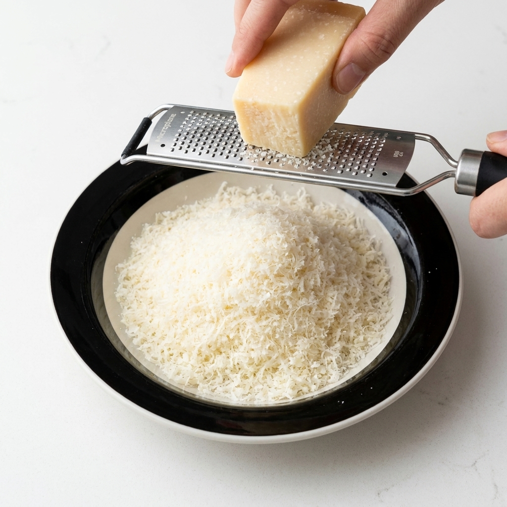 Hände reiben einen Block Parmesan über einen Teller mit einer Metallreibe.