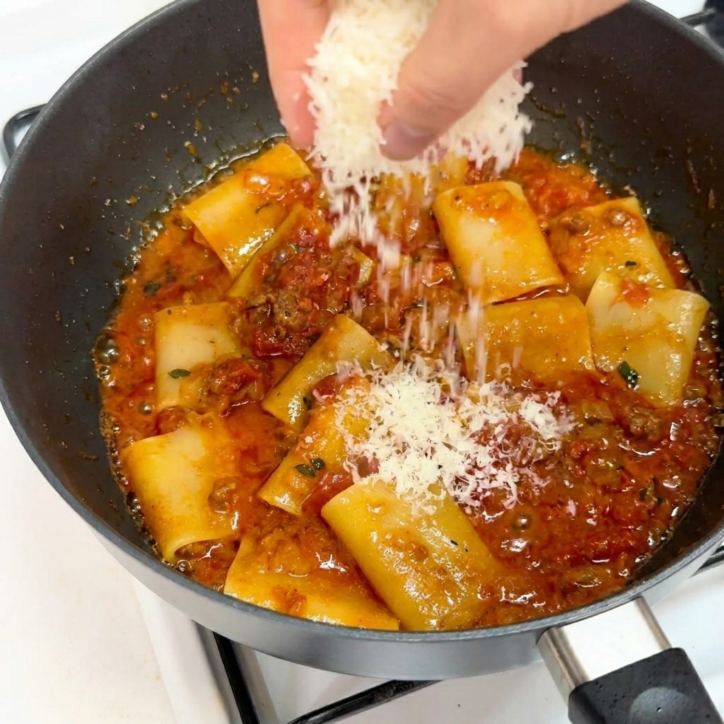 Eine Hand streut geriebenen Parmesan über die dicken Röhrennudeln mit Fleischsauce in einer Pfanne.