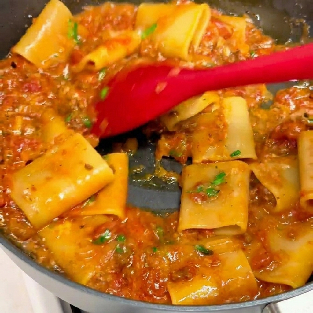 Dicke Röhrennudeln werden mit Tomaten-Fleischsauce und geschmolzenem Käse mit einem roten Spatel in einer Pfanne vermischt.