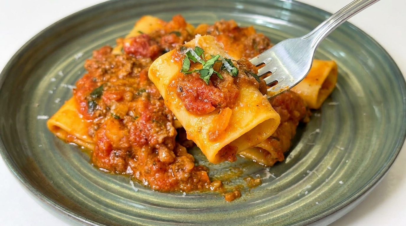 Eine herzhafte Portion Paccheri-Pasta in einer glänzenden Tomaten-Fleischsauce, garniert mit frischen Kräutern und Parmesan.