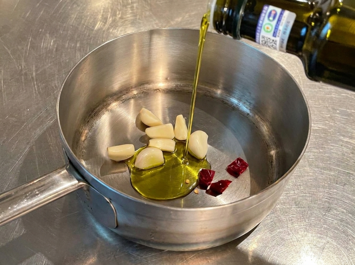 Ein Strahl grünes natives Olivenöl extra wird aus einer Flasche in einen kleinen Topf mit Knoblauch und getrockneten Chilis gegossen.