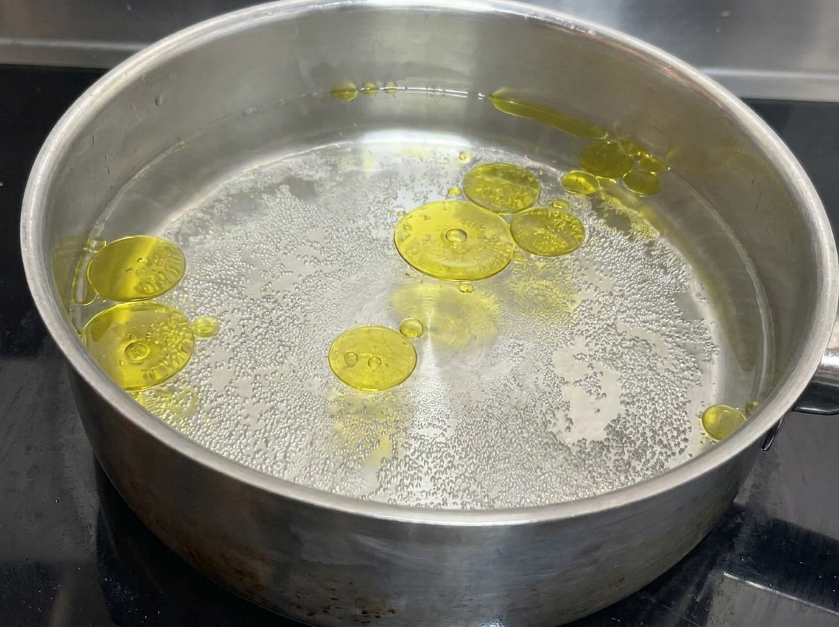 Ein Edelstahltopf gefüllt mit sprudelnd kochendem Wasser und kleinen Öltröpfchen auf der Oberfläche.