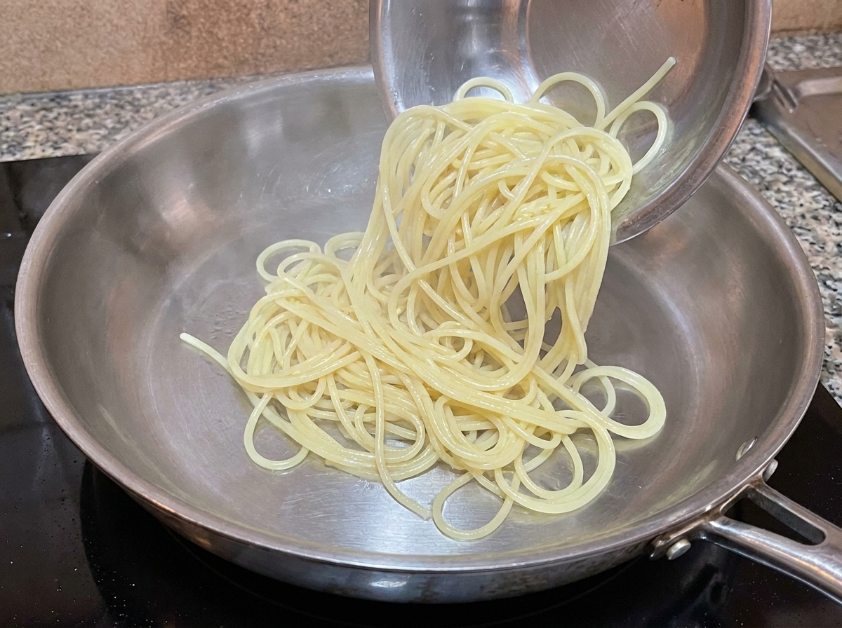 Gekochte Spaghetti werden direkt aus einem Topf in die Pfanne gegeben.