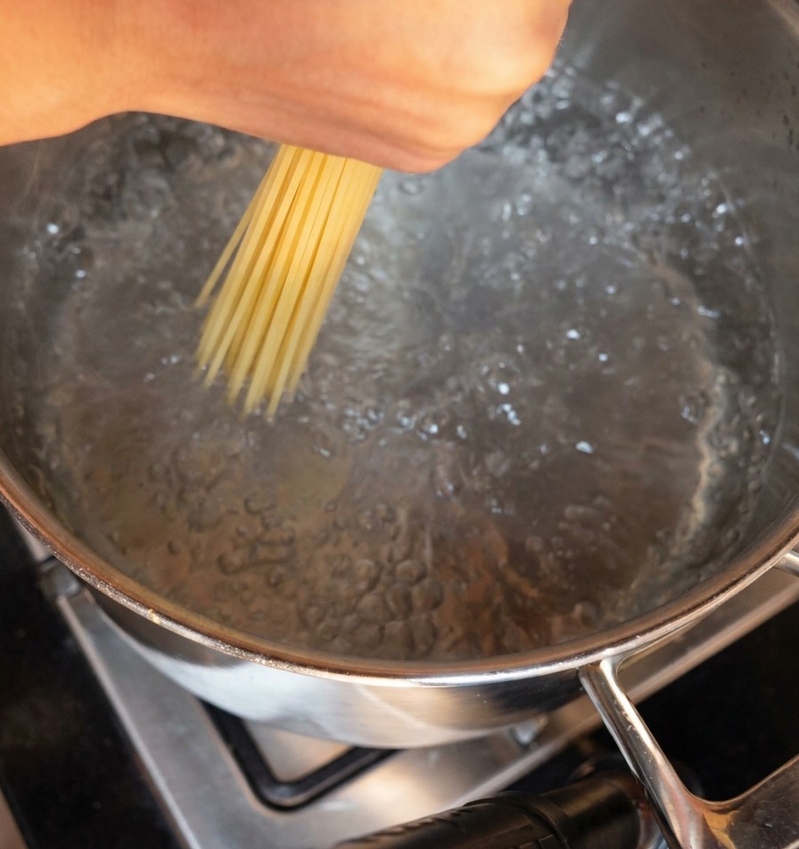 Eine Hand gibt ein Bündel trockene Spaghetti vertikal in einen Topf mit stark kochendem Wasser.