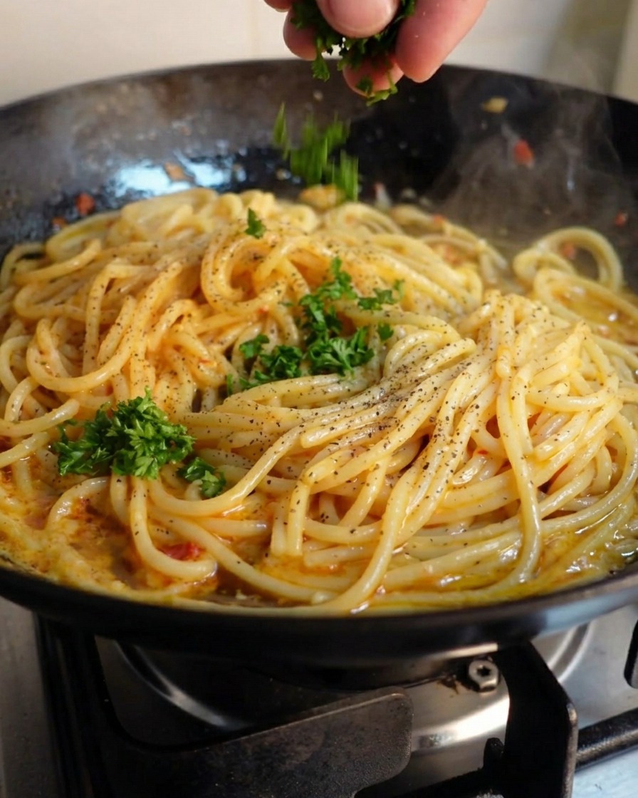 Eine Hand streut gehackte grüne Petersilie über die dampfende Pasta.