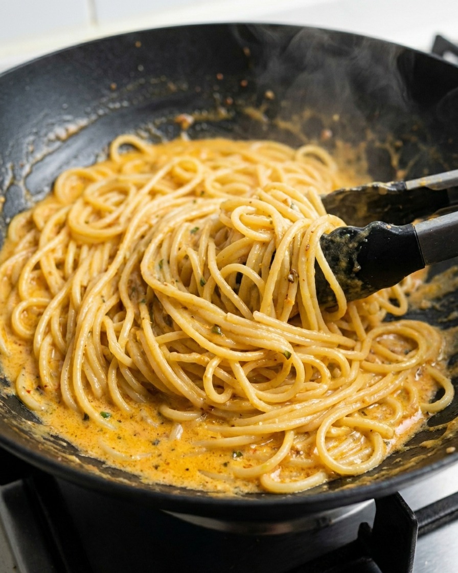 Küchenzangen heben die Spaghetti in der Pfanne an, um Kräuter und Sauce zu verteilen.