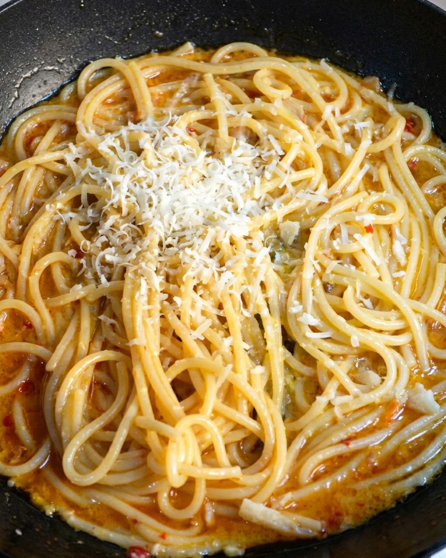 Frisch geriebener Parmesan liegt oben auf den warmen Spaghetti in der Pfanne.