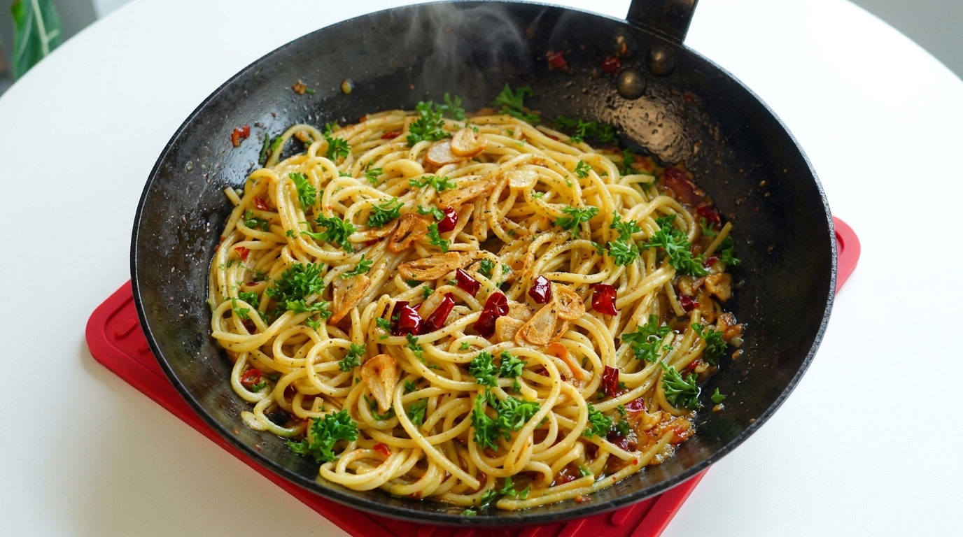 10-Minuten Spaghetti mit Knoblauch und Chili (Spicy Aglio e Olio)